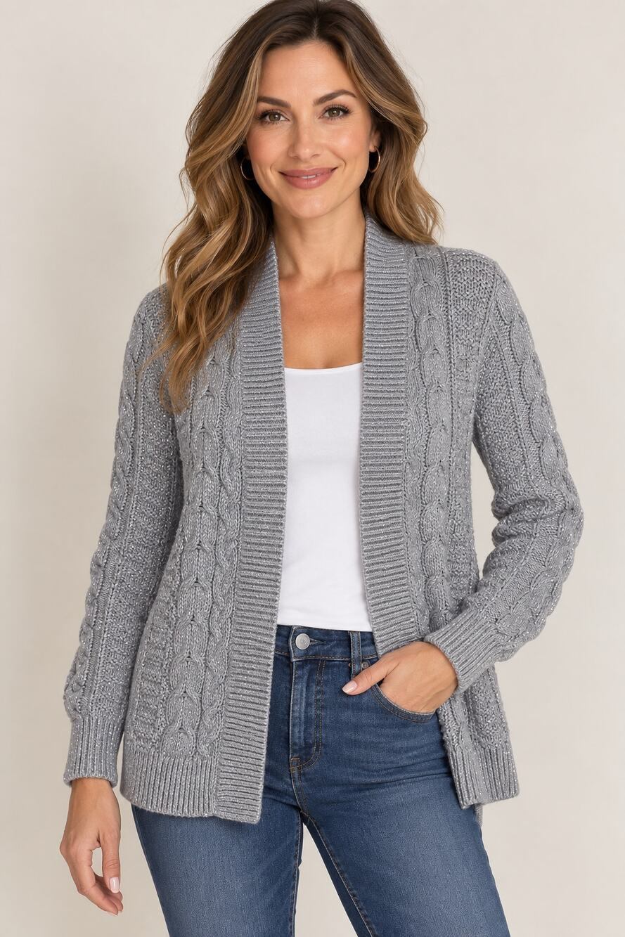 Tommy Bahama Women’s Small Gray Cable Knit Cardigan Metallic Shimmer Open Front